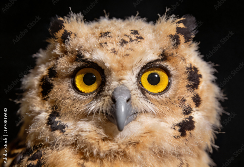 Fototapeta premium Close-up of a spotted owl with bright yellow eyes on black background