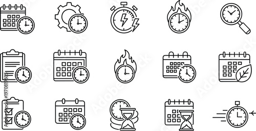 Time management line icons, calendar, stopwatch, deadline, schedule, productivity, planning, clock outline vector icon set business time organization