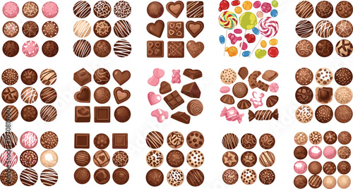 Set of Assorted Chocolate and Candy Illustrations, Featuring Various Chocolate Truffles, Heart-Shaped Sweets, and Colorful Candies