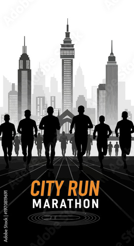 Silhouette Runners Racing Towards Urban Skyline in Marathon Event Design Concept