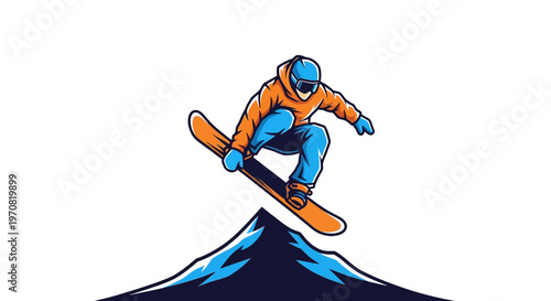 Snowboarder Performing A Mid-Air Stunt Above A Mountain Peak With Vector Graphics
