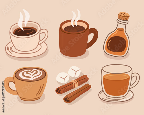 Cozy Warm Beverages Collection with Coffee Tea and Syrup in Minimal Style