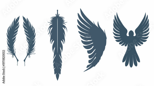 Four different styles of feathered elements in a blue-grey palette, on a clean white background