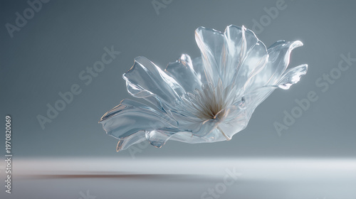 空中に浮かぶ透明なガラス細工のような花の3Dレンダリング