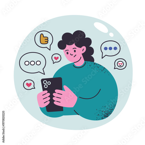 Echo chamber scene, flat cartoon woman in information bubble scrolling phone feed with matching news and posts. Confirmation bias, social media approval, likes, positive comments vector illustration