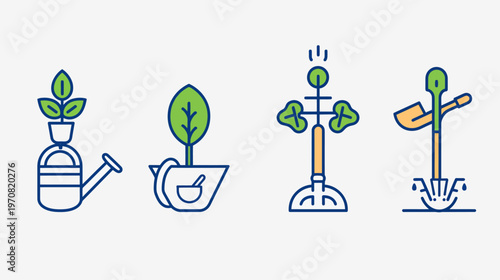 Four gardening-themed icons on a white background watering can, mortar, tool with leaves, shovel
