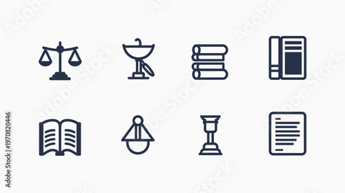 Collection of eight minimalist, flat design vector icons. Subjects include law, knowledge, and technology