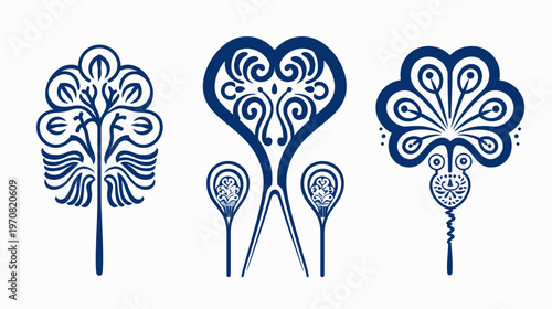 Three stylized, intricate, dark blue floral designs on a white background, symmetrical and decorative