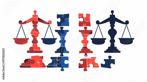 Illustration of scales of justice in a puzzle design, emphasizing the concept of balance
