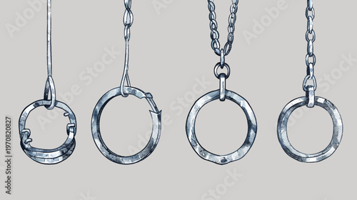 Four metal rings hang, each suspended by chain, against a gray backdrop, a digital watercolor artwork