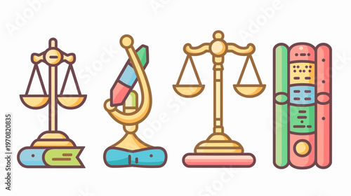 Set of stylized illustrations featuring scales, a microscope, and books, all in a flat design style