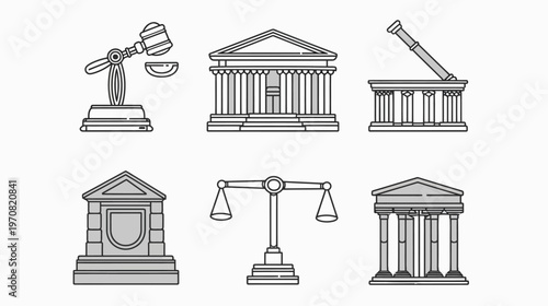 Collection of justice symbols. Includes a gavel, classical buildings, a shield, and scales of balance