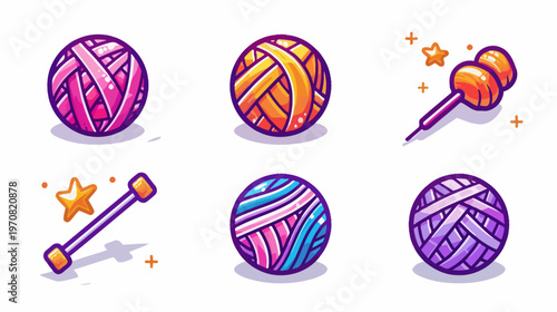 Colorful and whimsical illustrations featuring balls of yarn, stars, pins, and needles with playful gradients