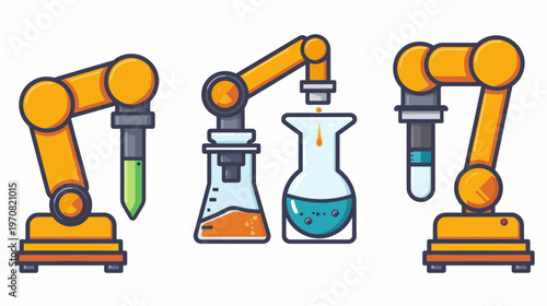 Three cartoonish illustrations of robotic arms, laboratory equipment, and liquid substances