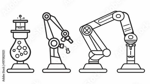 Line art illustration depicting scientific elements and robotic arms, ideal for industry or lab use
