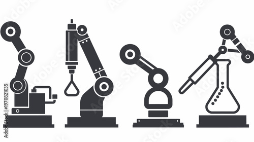 Four black and white robotic arms, possibly for lab work, depicted against a white backdrop