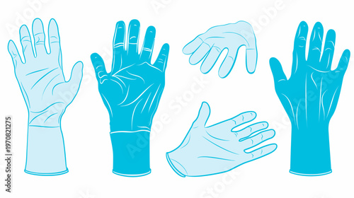 Various views of sterile blue medical gloves, graphic and isolated on a white background
