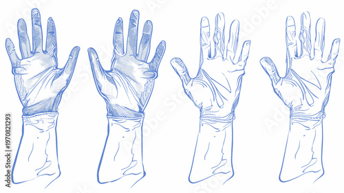 Blue sketch of medical gloves in multiple angles, illustration with white background