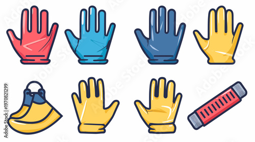 Colorful illustrated set of gloves, flippers, and a cylindrical object on a white background