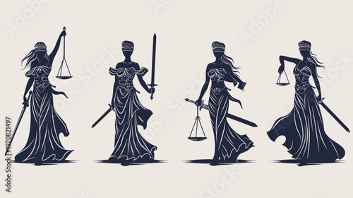 Silhouettes of the Roman goddess of Justice, showcasing scales and swords against a backdrop