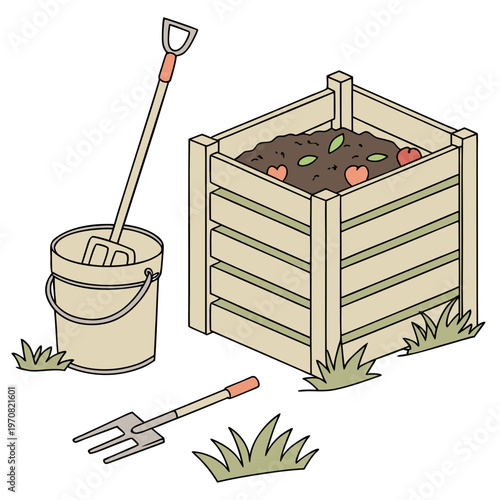 A vector graphic illustration of gardening tools and a compost bin