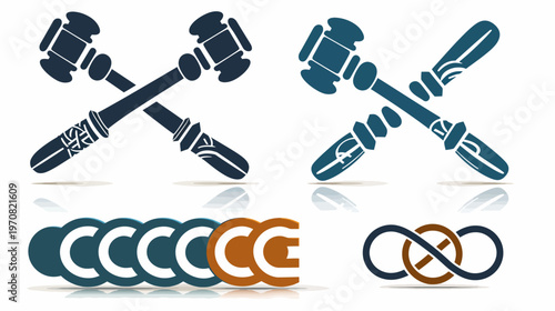 Stylized graphical elements including crossed mallets, cloud-like Cs, and interlocking infinity symbols