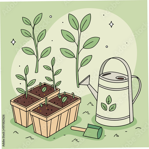A vector illustration of a watering can and seedlings in planters