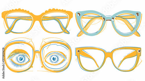 A four-part image showcasing stylized glasses in yellow and blue, with two featuring open eyes