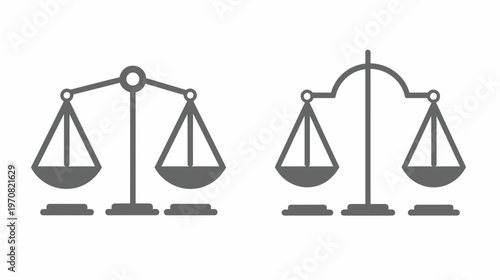 Two grayscale illustrations of balance scales, symbolizing justice and fairness. Each differs slightly