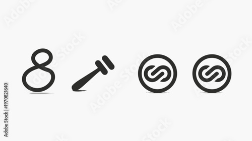 Stylized graphical elements including the number 8, a mallet, and two circular letter S logos