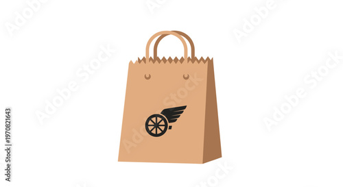Minimalist flat vector icon of a brown paper shopping bag with a delivery and speed symbol, ideal for e-commerce, express retail, and rapid service concepts