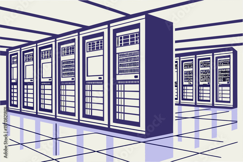 A vector graphic illustration of a server room with rows of computer servers