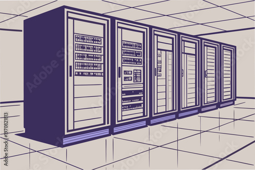 A vector graphic illustration of a row of server cabinets in a data center