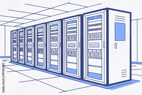 A vector graphic illustration of a row of server cabinets in a data center
