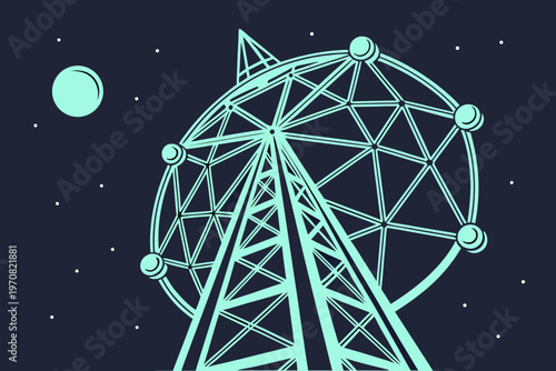 A minimalist illustration of a Ferris wheel at night with a moon