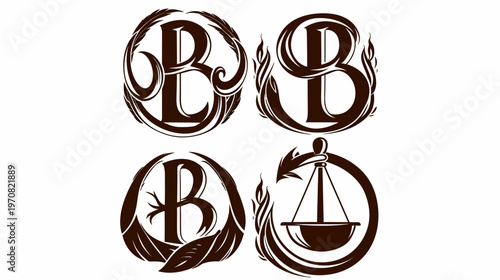 Four stylized illustrations, each in a dark brown hue, featuring capital letters within circular frames