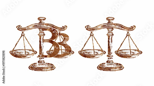 Two weathered-style balance scales in a sepia-toned hue, with a letter B superimposed on one