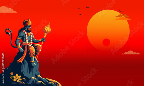 Lord Hanuman seated on rocky cliff with gada under blazing sunset and birds, dramatic Hanuman Jayanti devotional Hindu vector landscape background