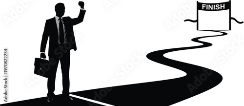 Businessman silhouette walking towards finish line success goal achievement career path concept 
