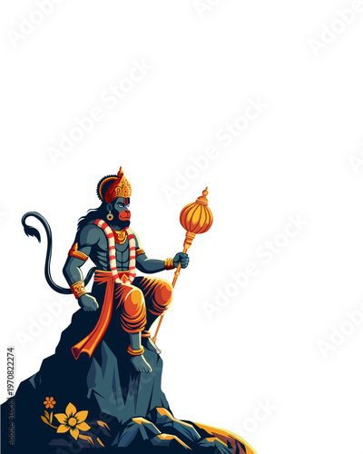 Detailed Lord Hanuman holding gada while seated on rock, colorful mythological Hindu deity illustration isolated on white background in devotional vector style