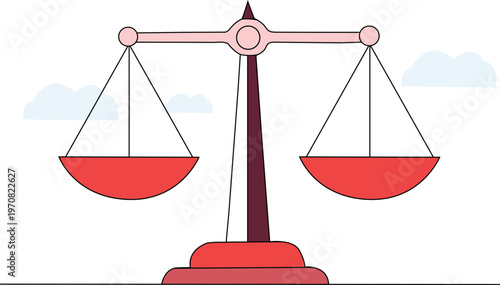 Red balance scale with two empty plates and clouds in background
