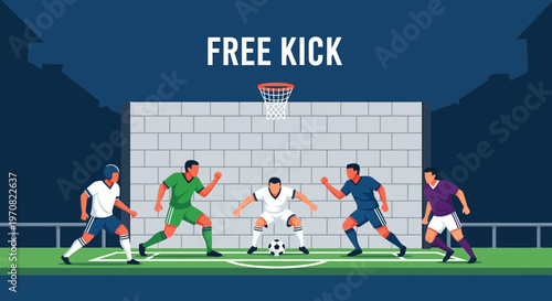 Soccer Game with Unique Basketball Hoop and Players Ready for a Free Kick Action