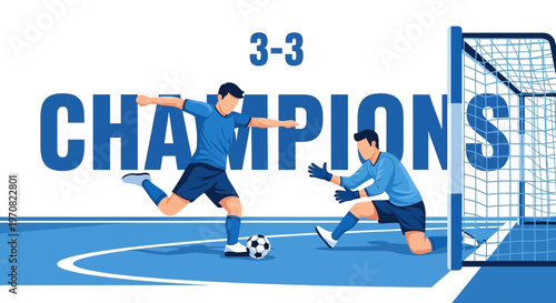 Soccer Match Depicted With Champions' Title And Scoreline Of Three To Three Tie