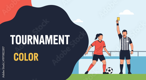 Soccer Match Illustration Showcasing a Player and Referee with a Yellow Card in a Tournament