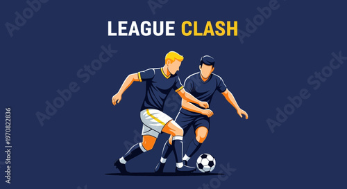 Soccer Match Illustration Showcasing League Confrontation Between Two Players With Ball