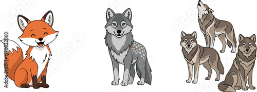 Cute Fox and Wolf Cartoon Character Set with Different Poses and Realistic Styles, Adorable Woodland Animal Illustration Collection Isolated on White Background
