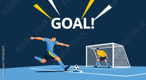 Soccer Match Moment: Striker Kicks Ball Aiming For The Goal, Goalkeeper Ready To Defend