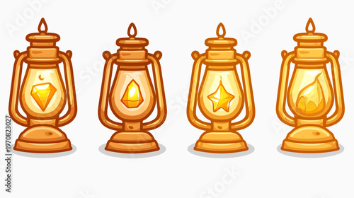 Four stylized, golden lanterns with glowing interiors. Each design has a different gem inside