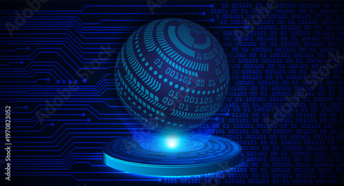 A stylized digital globe with binary code patterns rests on a glowing blue circular pedestal against a circuit board background