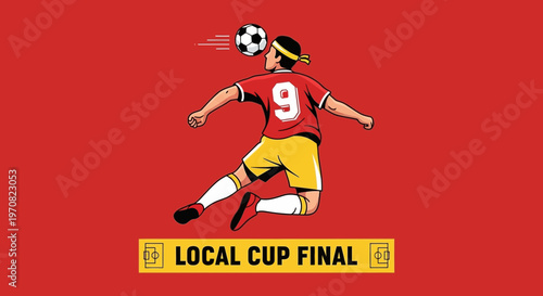 Soccer Player Headbutts A Ball During Final Match With A Dynamic Pose On Red Background